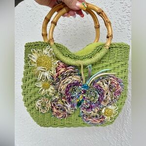 Fairycore Beaded Butterfly Flower Colorful Green Woven Straw Handbag Cappelli